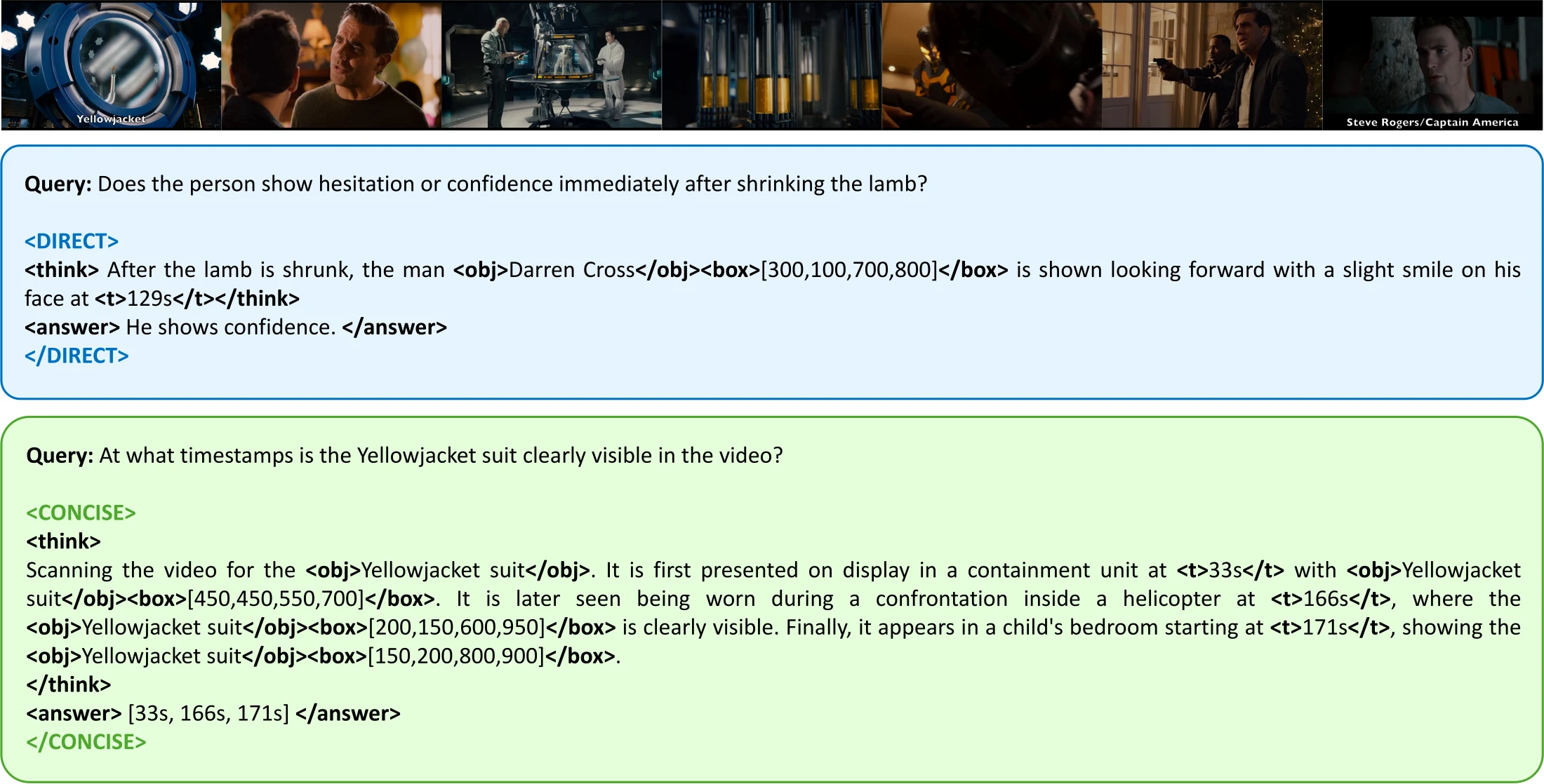 A social reasoning query routed to DIRECT, and a timestamp query answered with CONCISE
